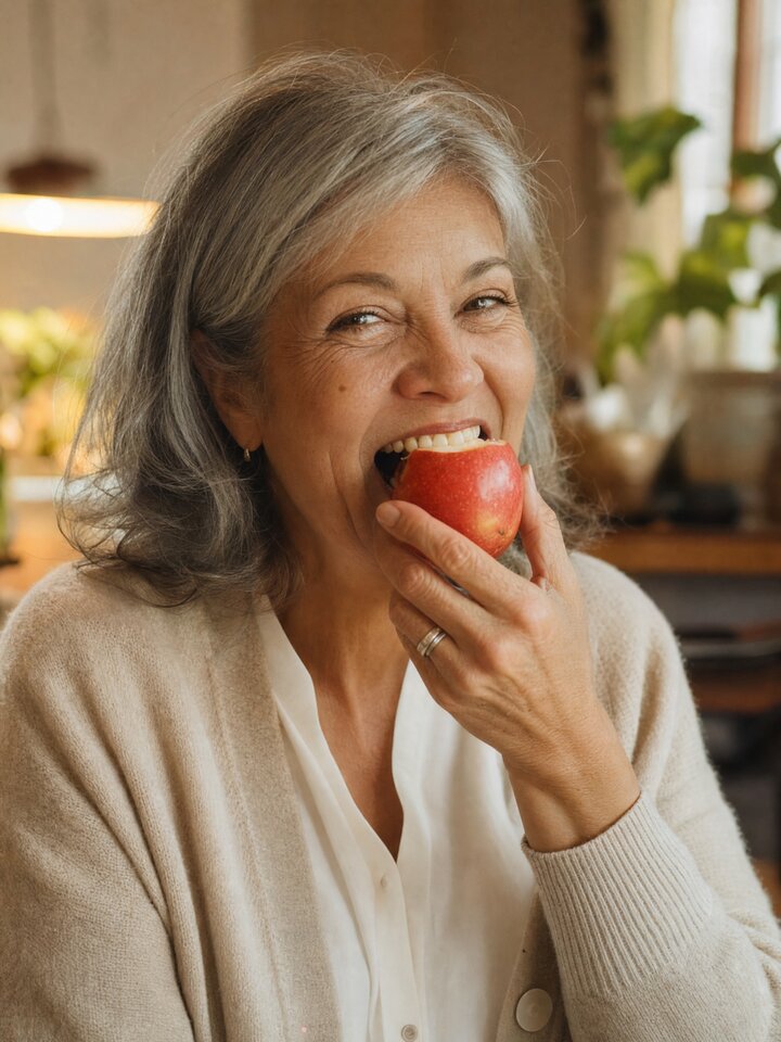 Real patient enjoying an apple — life after permanent teeth