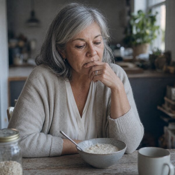 A woman quietly resigned at breakfast — life with dentures
